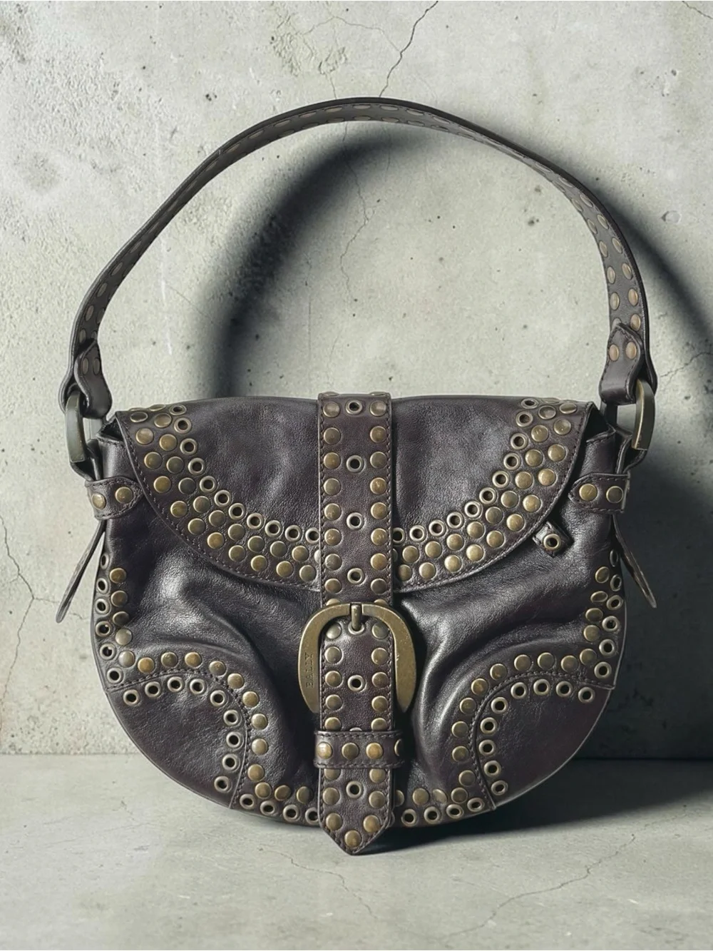 Bally Chocolate Brown Leather Studded Shoulder Bag - Picture 1 of 6